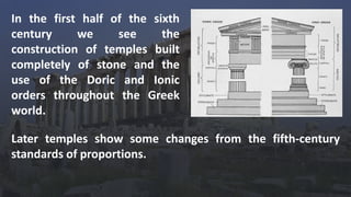 In the first half of the sixth
century we see the
construction of temples built
completely of stone and the
use of the Doric and Ionic
orders throughout the Greek
world.
Later temples show some changes from the fifth-century
standards of proportions.
 