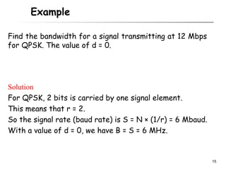 Example

Find the bandwidth for a signal transmitting at 12 Mbps
for QPSK. The value of d = 0.




Solution
For QPSK, 2 bits is carried by one signal element.
This means that r = 2.
So the signal rate (baud rate) is S = N × (1/r) = 6 Mbaud.
With a value of d = 0, we have B = S = 6 MHz.


                                                             15
 