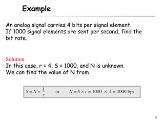 Example

An analog signal carries 4 bits per signal element.
If 1000 signal elements are sent per second, find the
bit rate.


Solution
In this case, r = 4, S = 1000, and N is unknown.
We can find the value of N from




                                                        5
 