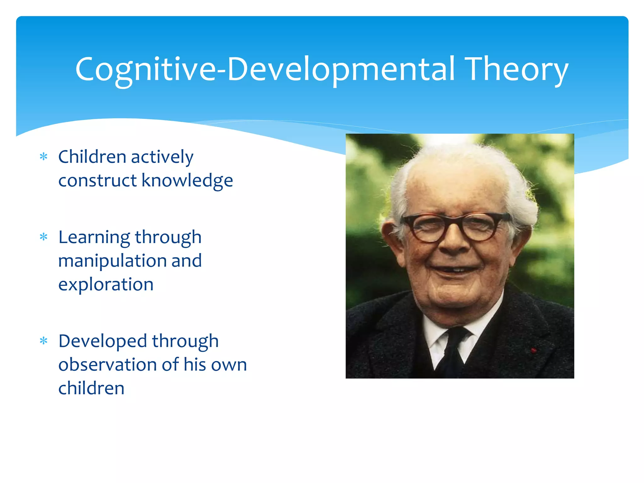  Children actively
construct knowledge
 Learning through
manipulation and
exploration
 Developed through
observation of his own
children
Cognitive-Developmental Theory
Jean Piaget
(1896-1980)
 