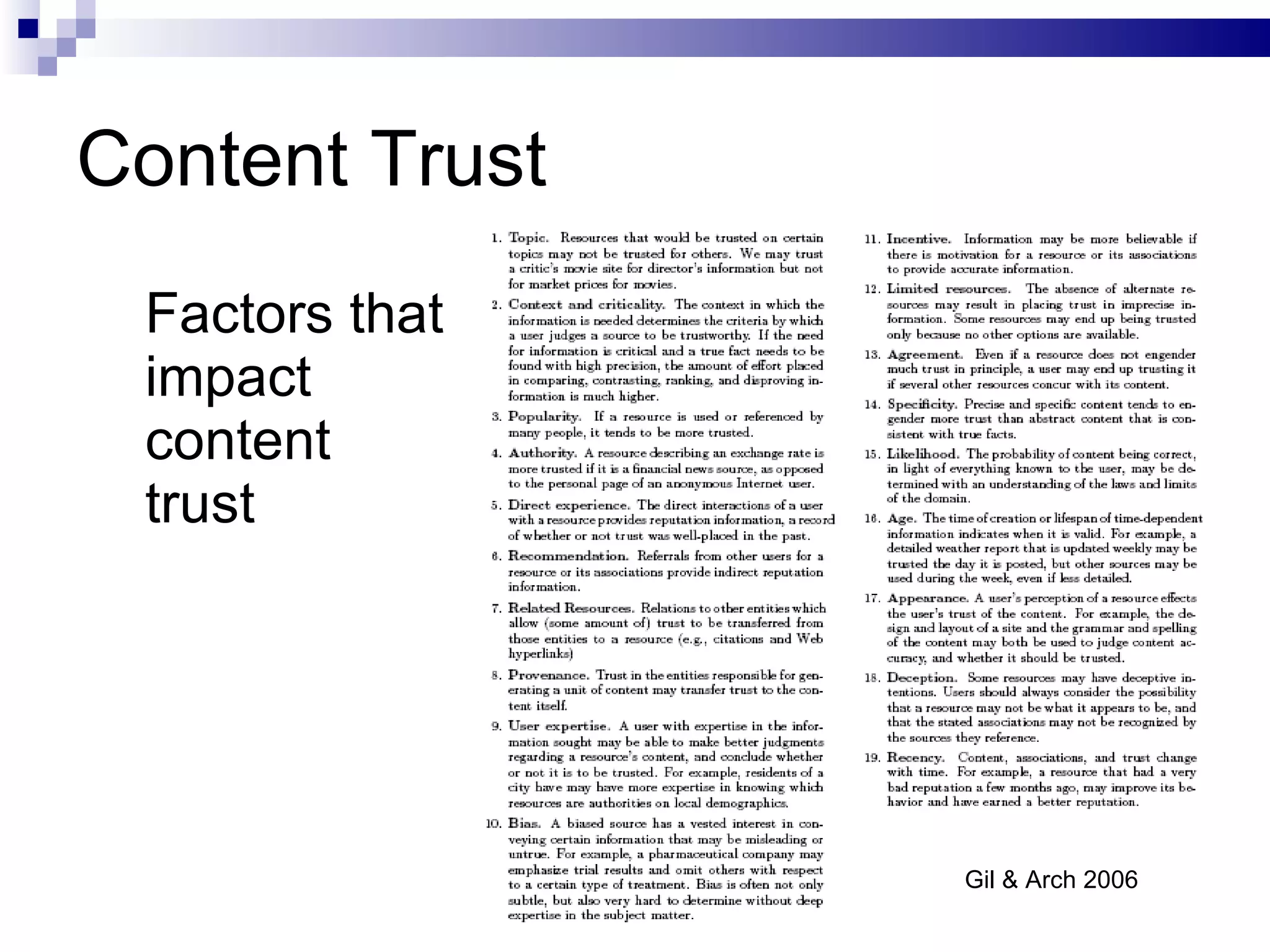 Content Trust Factors that impact content trust Gil & Arch 2006 