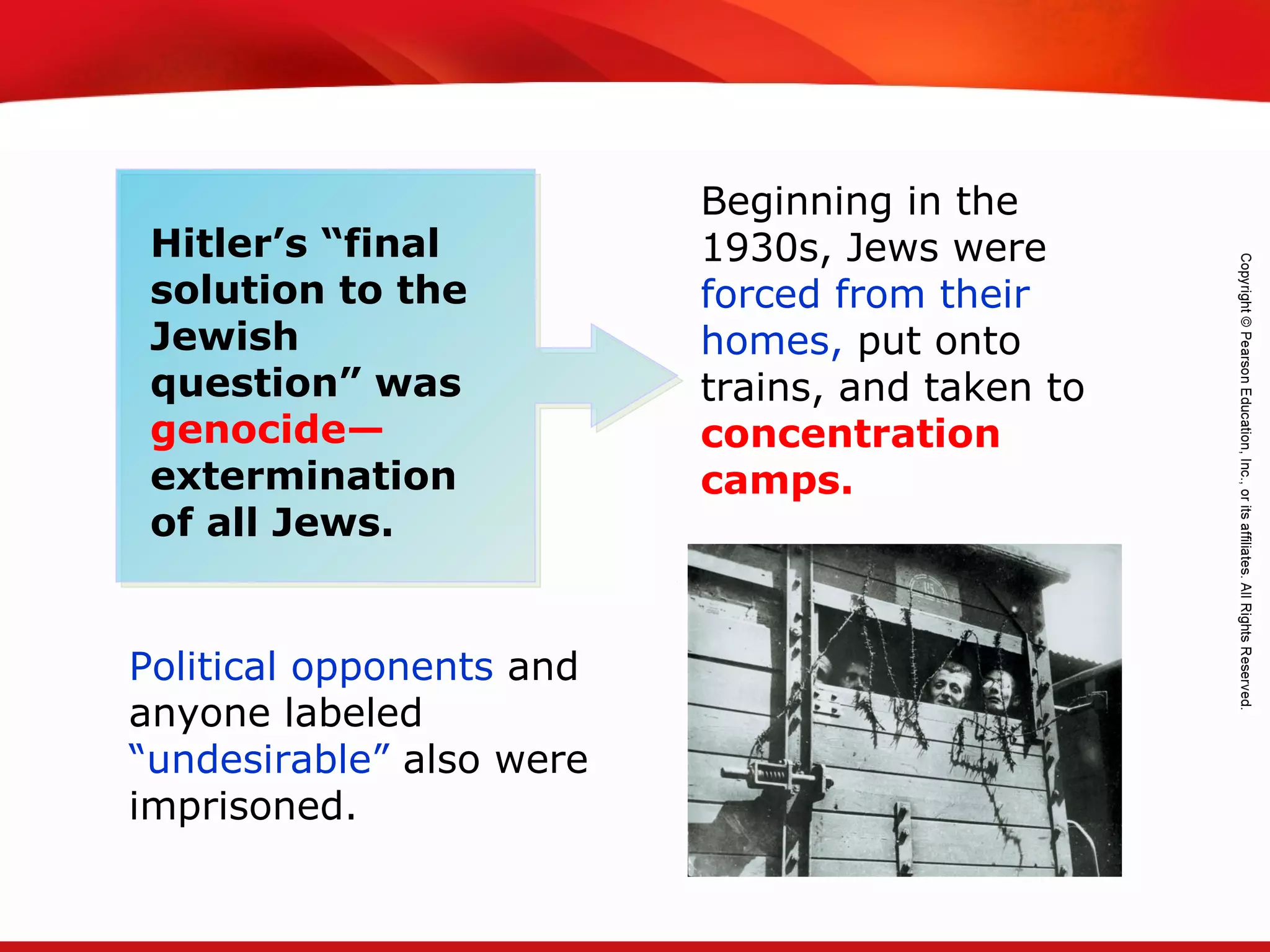 TEKS 8C: Calculate percent composition and empirical and molecular formulas.
Political opponents and
anyone labeled
“undesirable” also were
imprisoned.
Hitler’s “final
solution to the
Jewish
question” was
genocide—
extermination
of all Jews.
Beginning in the
1930s, Jews were
forced from their
homes, put onto
trains, and taken to
concentration
camps.
 