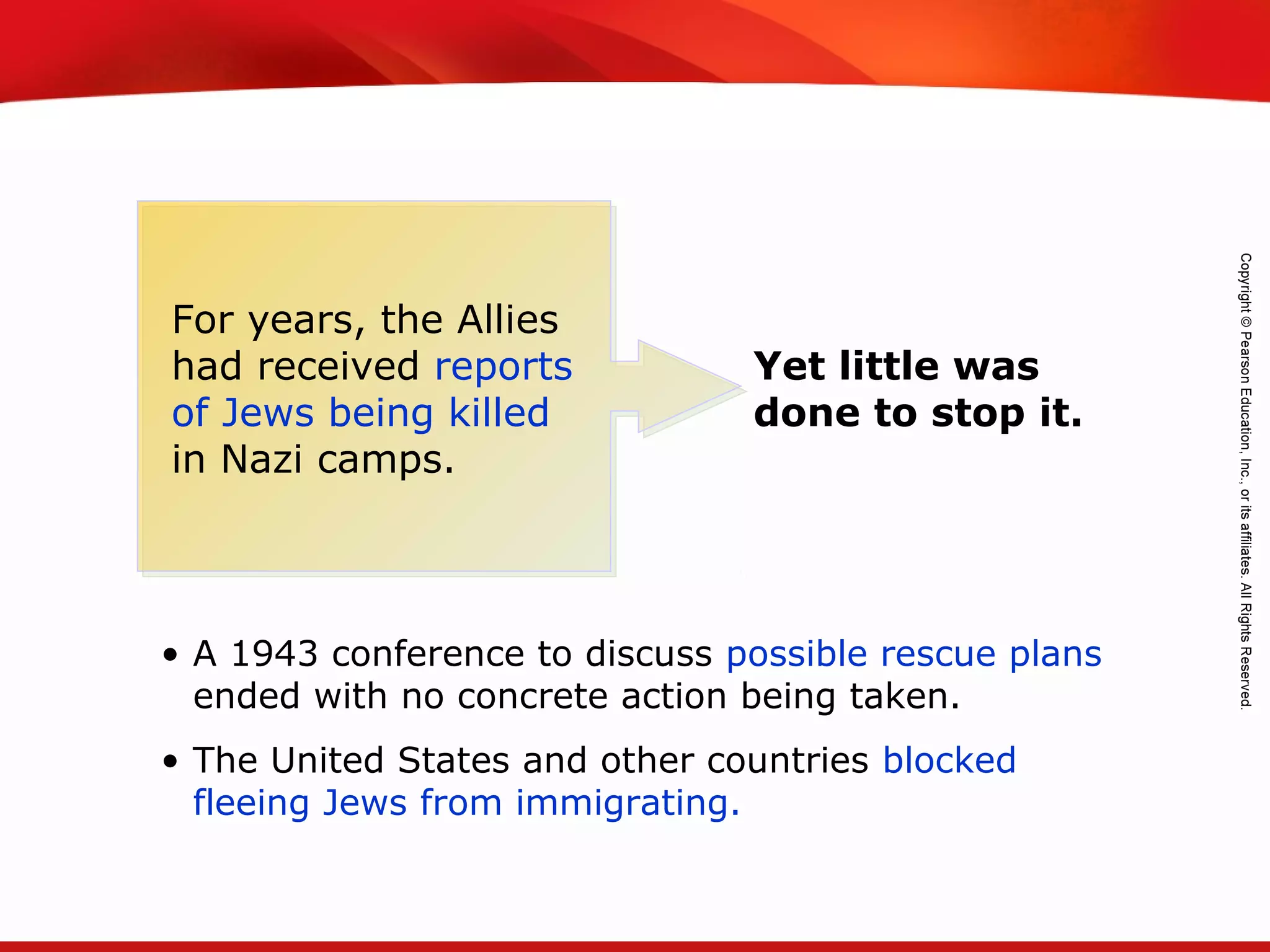 TEKS 8C: Calculate percent composition and empirical and molecular formulas.
• A 1943 conference to discuss possible rescue plans
ended with no concrete action being taken.
• The United States and other countries blocked
fleeing Jews from immigrating.
For years, the Allies
had received reports
of Jews being killed
in Nazi camps.
Yet little was
done to stop it.
 
