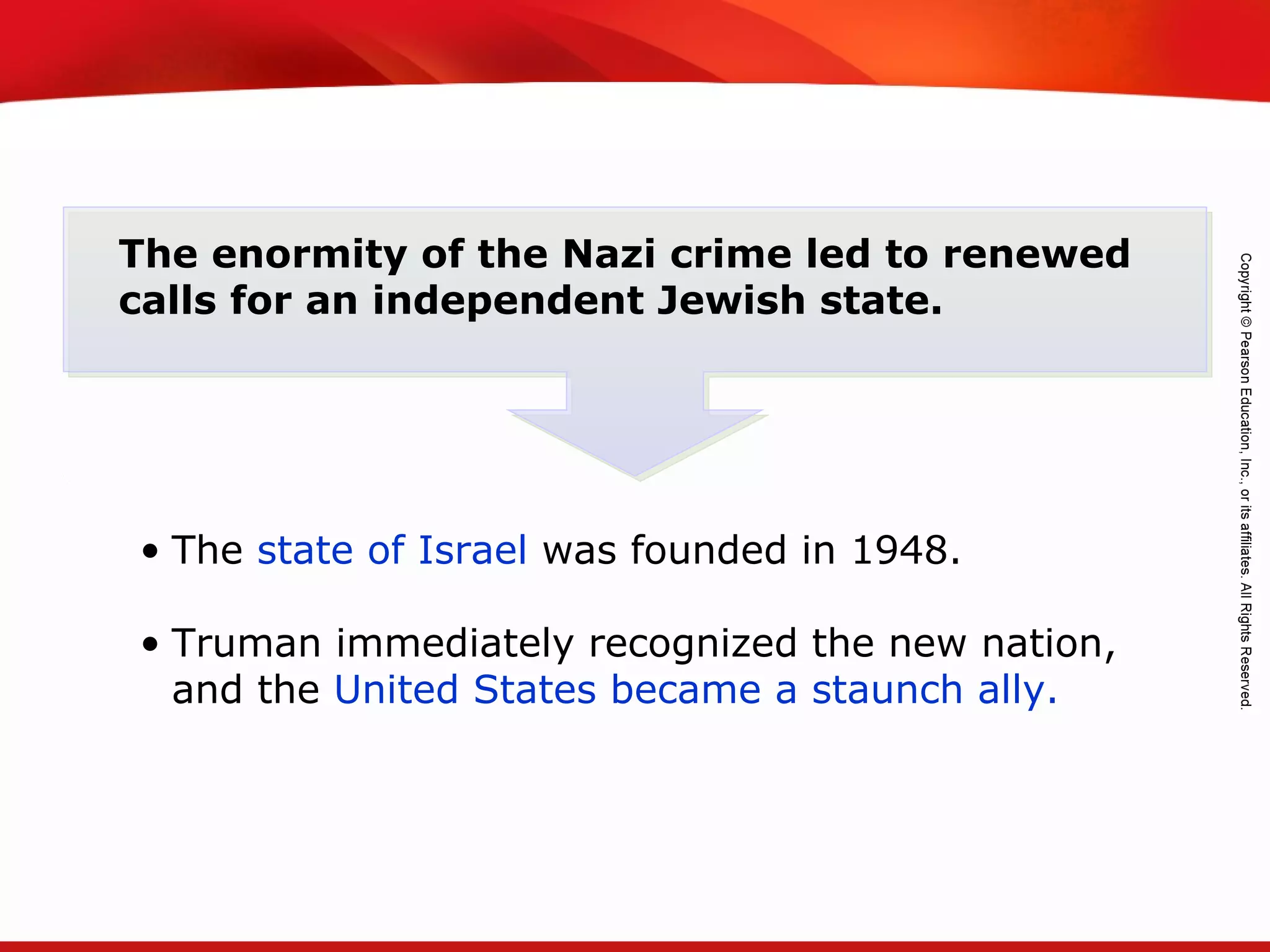 TEKS 8C: Calculate percent composition and empirical and molecular formulas.
• The state of Israel was founded in 1948.
• Truman immediately recognized the new nation,
and the United States became a staunch ally.
The enormity of the Nazi crime led to renewed
calls for an independent Jewish state.
 