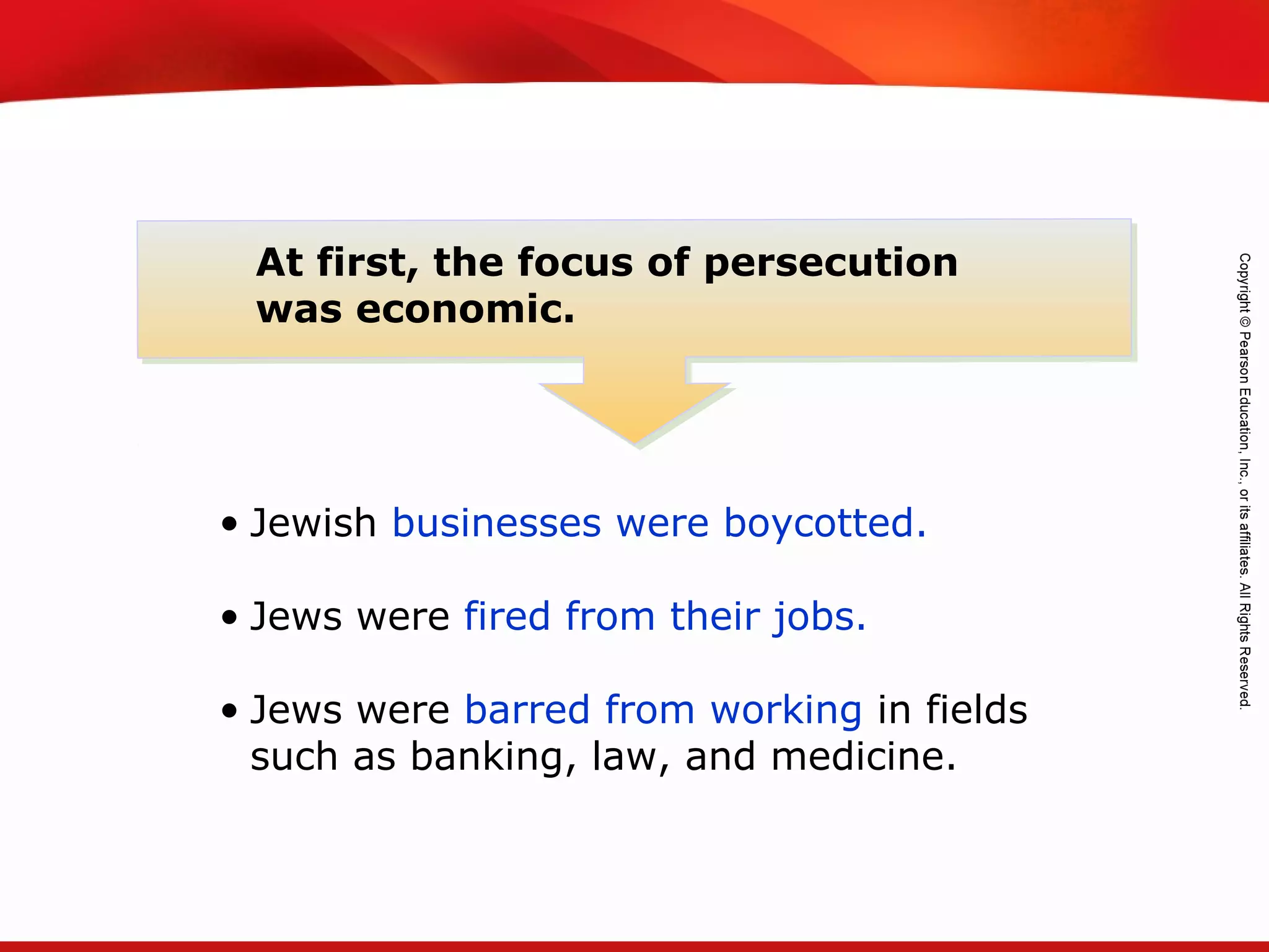 TEKS 8C: Calculate percent composition and empirical and molecular formulas.
• Jewish businesses were boycotted.
• Jews were fired from their jobs.
• Jews were barred from working in fields
such as banking, law, and medicine.
At first, the focus of persecution
was economic.
 