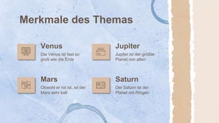 Venus
Die Venus ist fast so
groß wie die Erde
Jupiter ist der größte
Planet von allen
Merkmale des Themas
Mars
Obwohl er rot ist, ist der
Mars sehr kalt
Der Saturn ist der
Planet mit Ringen
Jupiter
Saturn
 