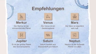 Merkur
Er ist der größte Planet
des Sonnensystems
Saturn besteht aus
Wasserstoff und Helium
Der Merkur ist der
sonnennächste Planet
Jupiter
Empfehlungen
Venus Mars
Die Venus ist ein
Gesteinsplanet
Der Mars ist eigentlich
sehr kalt
Neptun ist der äußerste
Planet von allen
Saturn Neptun
 