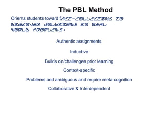 The PBL Method
Orients students toward fact-collecting to
discover solutions to real
world problems:
Authentic assignments
Inductive
Builds on/challenges prior learning
Context-specific
Problems and ambiguous and require meta-cognition
Collaborative & Interdependent
 