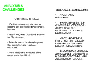 ANALYSIS &
CHALLENGES Socratic Questions
• Fact and
Opinion.
• Opportunity to
exercise critical
thinking of
Student's prior
knowledge.
• Facilitator’s
role is to steer
learners in the
right direction.
• Questions should
challenge student’s
misconceptions and
cognitive state.
Problem Based Questions
• Facilitators empower students to
become self-directed and independent
learners.
• Better long-term knowledge retention
for PBL students.
• Potential to structure knowledge so
that acquisition and recall are
optimized.
• Valid acceptable measures of the
outcome can be difficult.
 