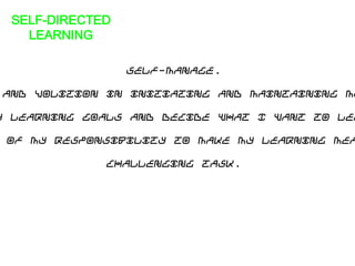 Self-manage.
and volition in initiating and maintaining my
y learning goals and decide what I want to lea
of my responsibility to make my learning mea
Challenging task.
SELF-DIRECTED
LEARNING
 