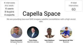 Capella Space
We are providing low-cost SAR imagery satellite constellation with a high revisit rate.
Payam Banazadeh
Aerospace/Business
Timon Ruban
Machine Learning
Isaac Matthews
Aerospace
Jose Ignacio del Villar
Business
# interviews
this week:
6 users
0 buyers
4 experts
# total
interviews:
60
Redacted
 