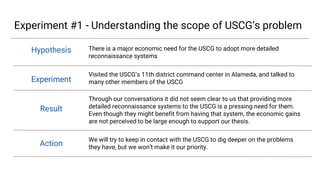 Experiment #1 - Understanding the scope of USCG’s problem
Hypothesis
Experiment
Result
Action
There is a major economic need for the USCG to adopt more detailed reconnaissance
systems
Visited the USCG’s 11th district command center in Alameda, and talked to many
other members of the USCG
Through our conversations it did not seem clear to us that providing more detailed
reconnaissance systems to the USCG is a pressing need for them. Even though they
might benefit from having that system, the economic gains are not perceived to be
large enough to support our thesis.
We will try to keep in contact with the USCG to dig deeper on the problems they
have, but we won’t make it our priority.
Redacted
Reda
cted
Redacted
Redacted
Redacted
Redacted
Red
acte
d
 