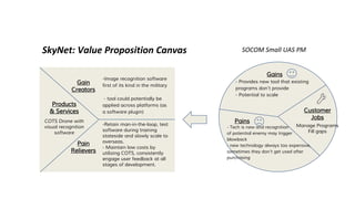 SkyNet: Value Proposition Canvas
-Image recognition software
first of its kind in the military
- tool could potentially be
applied across platforms (as
a software plugin) Customer
Jobs
Manage Programs
Fill gaps
- Tech is new and recognition
of potential enemy may trigger
blowback
- new technology always too expensive,
sometimes they don’t get used after
purchasing
SOCOM Small UAS PM
Gains
Pains
Gain
Creators
Pain
Relievers
- Provides new tool that existing
programs don’t provide
- Potential to scale
-Retain man-in-the-loop, test
software during training
stateside and slowly scale to
overseas.
- Maintain low costs by
utilizing COTS, consistently
engage user feedback at all
stages of development.
Products
& Services
COTS Drone with
visual recognition
software
 