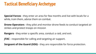 Tactical Beneficiary Archetype
Special Forces - they enter an area for few months and live with locals for a
while, train them, advise them on combat.
Drone Operators - they pilot and monitor drone feeds to conduct targeted air
strikes and protect troops on mission
Rangers - they enter a specific area, conduct a raid, and exit.
JTAC - responsible for calling and targeting air support.
Sergeant of the Guard (SOG) - they are responsible for force protection.
 
