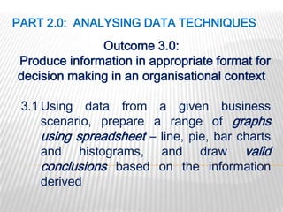 PART 2.0: ANALYSING DATA TECHNIQUES
              Outcome 3.0:
Produce information in appropriate format for
decision making in an organisational context

 3.1 Using data from a given business
     scenario, prepare a range of graphs
     using spreadsheet – line, pie, bar charts
     and histograms, and draw valid
     conclusions based on the information
     derived
 