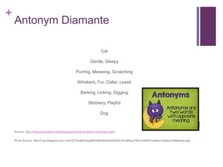 +

Antonym Diamante
Cat
Gentle, Sleepy
Purring, Meowing, Scratching
Whiskers, Fur, Collar, Leash
Barking, Licking, Digging
Slobbery, Playful
Dog

Source: http://www.poetry4kids.com/blog/lessons/how-to-write-a-diamante-poem/
Photo Source: http://3.bp.blogspot.com/Uol7vDTAhaM/Ukeqb8Fe9II/AAAAAAAAIVE/GnmBNJp7QKc/s1600/Freebie+Literacy+Halloween.jpg

 