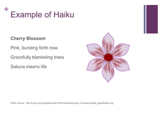 +

Haiku
Cherry Blossom
Pink, bursting forth now
Gracefully blanketing trees

Sakura means life

Photo Source: http://0.tqn.com/d/graphicssoft/1/0/I/u/4/shariabraxton_CherriesJubilee_paperflower.png

 