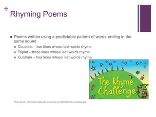 +

Rhyming Poems


Poems written using a predictable pattern of words ending in
the same sound




Couplet
Triplet
Quatrain

Photo Source: http://plymouthbb.files.wordpress.com/2010/06/rhyme-challenge.jpg

 