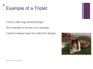 +

Triplet
I have a little dog named Ranger,
He is friendly to me but not a stranger,
I want to always keep him safe from danger.

Photo Source: Personal photo

 