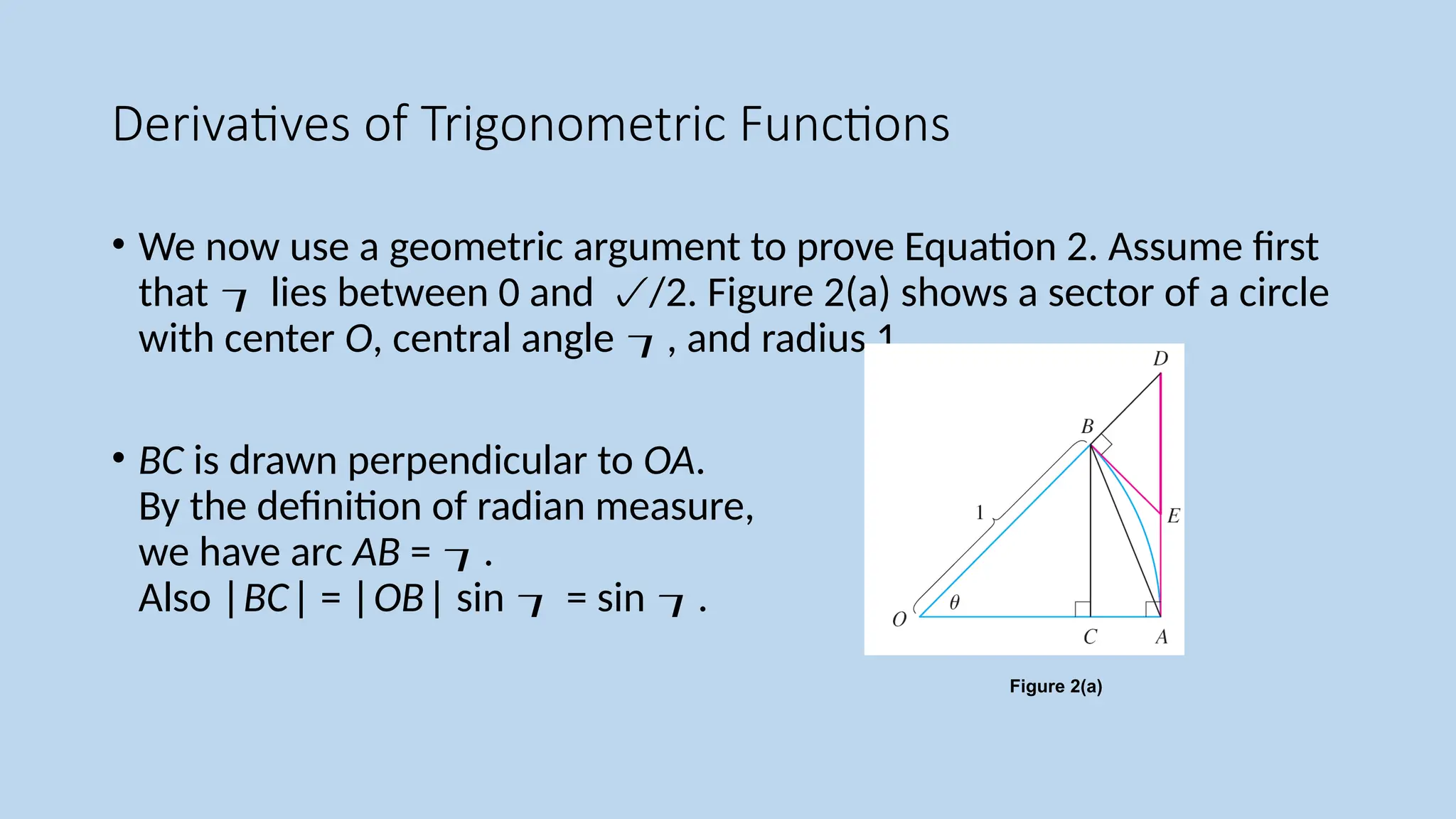 Derivatives of Trigonometric Functions
• We now use a geometric argument to prove Equation 2. Assume first
that  lies between 0 and /2. Figure 2(a) shows a sector of a circle
with center O, central angle , and radius 1.
• BC is drawn perpendicular to OA.
By the definition of radian measure,
we have arc AB = .
Also |BC| = |OB| sin  = sin .
Figure 2(a)
 