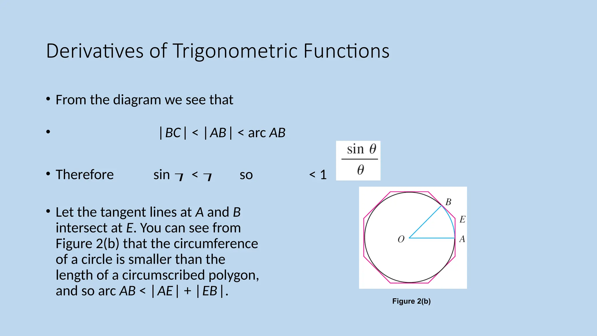 Derivatives of Trigonometric Functions
• From the diagram we see that
• |BC| < |AB| < arc AB
• Therefore sin  <  so < 1
• Let the tangent lines at A and B
intersect at E. You can see from
Figure 2(b) that the circumference
of a circle is smaller than the
length of a circumscribed polygon,
and so arc AB < |AE| + |EB|.
Figure 2(b)
 