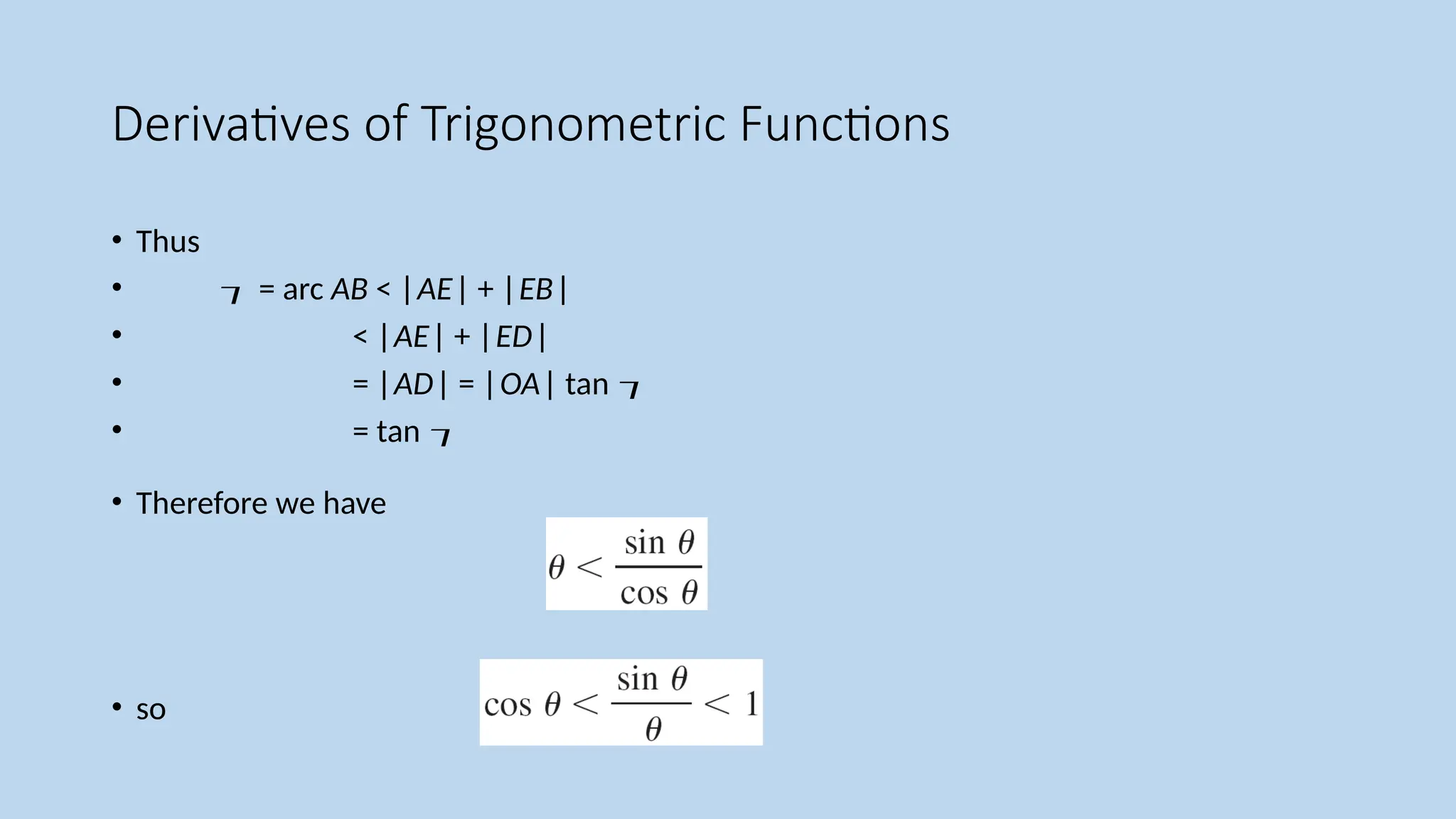 Derivatives of Trigonometric Functions
• Thus
•  = arc AB < |AE| + |EB|
• < |AE| + |ED|
• = |AD| = |OA| tan 
• = tan 
• Therefore we have
• so
 