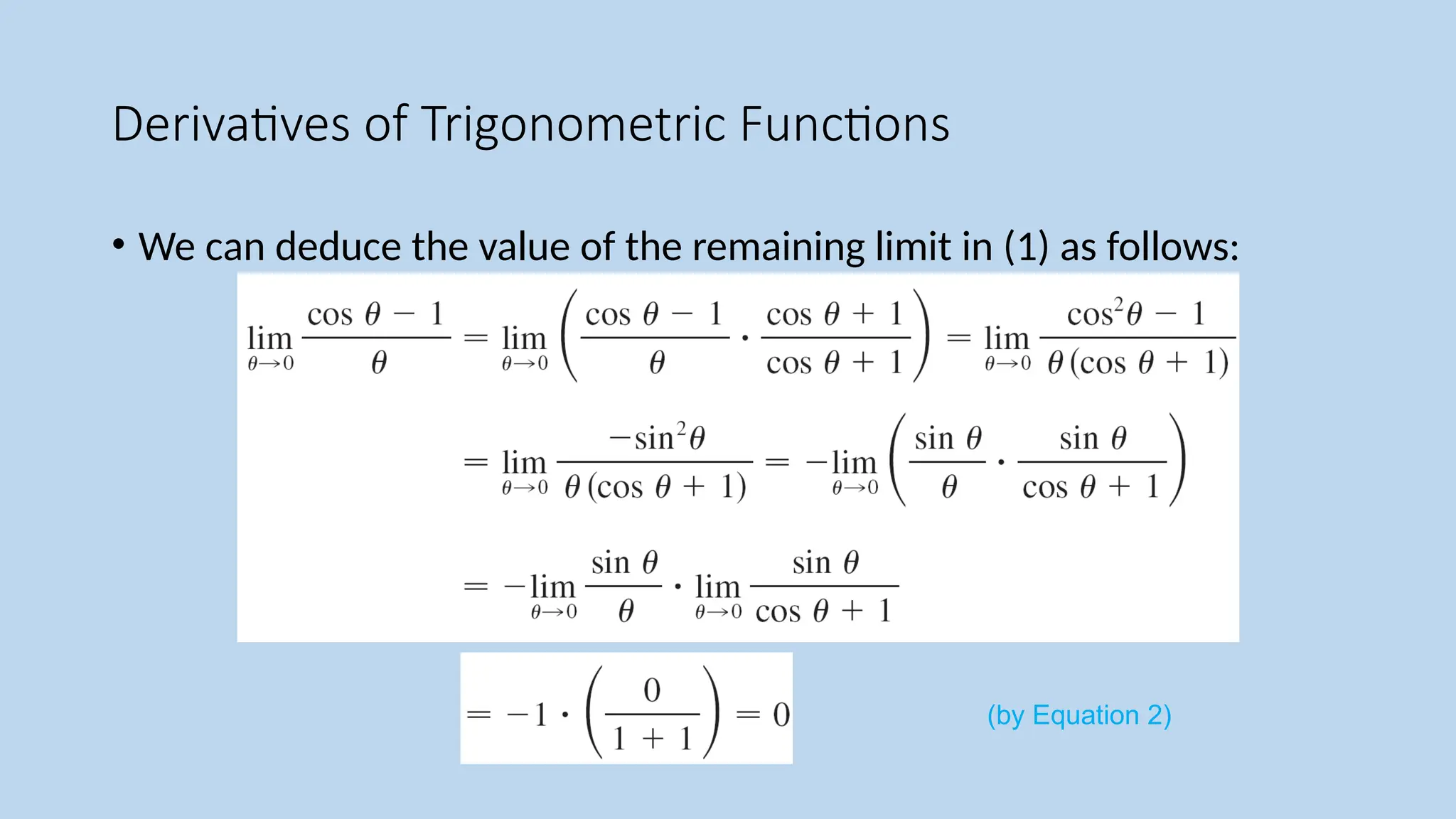 Derivatives of Trigonometric Functions
• We can deduce the value of the remaining limit in (1) as follows:
(by Equation 2)
 