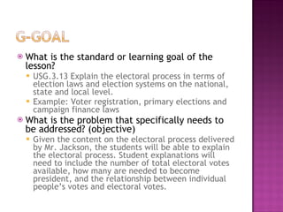 What is the standard or learning goal of the lesson? USG.3.13 Explain the electoral process in terms of election laws and election systems on the national, state and local level. Example: Voter registration, primary elections and campaign finance laws What is the problem that specifically needs to be addressed? (objective) Given the content on the electoral process delivered by Mr. Jackson, the students will be able to explain the electoral process. Student explanations will need to include the number of total electoral votes available, how many are needed to become president, and the relationship between individual people’s votes and electoral votes. 