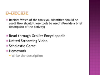 D ecide: Which of the tools you identified should be used? How should these tools be used? (Provide a brief description of the activity) Read through Grolier Encyclopedia United Streaming Video Scholastic Game Homework Write the description 