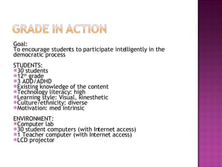 Goal: To encourage students to participate intelligently in the democratic process  STUDENTS: 30 students 12 th  grade 3 ADD/ADHD Existing knowledge of the content Technology literacy: high Learning style: Visual, kinesthetic Culture/ethnicity: diverse Motivation: med intrinsic ENVIRONMENT: Computer lab 30 student computers (with Internet access) 1 Teacher computer (with Internet access) LCD projector 