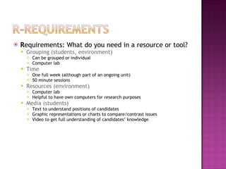 R equirements: What do you need in a resource or tool? Grouping (students, environment) Can be grouped or individual Computer lab Time One full week (although part of an ongoing unit) 50 minute sessions Resources (environment) Computer lab Helpful to have own computers for research purposes Media (students) Text to understand positions of candidates Graphic representations or charts to compare/contrast issues Video to get full understanding of candidates’ knowledge 