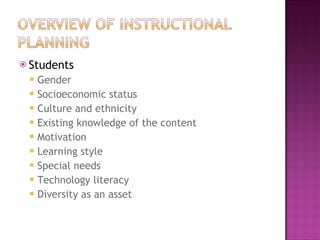 Students Gender Socioeconomic status Culture and ethnicity Existing knowledge of the content Motivation Learning style Special needs Technology literacy Diversity as an asset  