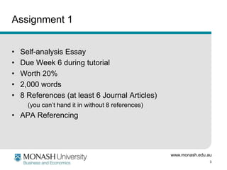 www.monash.edu.au
3
Assignment 1
• Self-analysis Essay
• Due Week 6 during tutorial
• Worth 20%
• 2,000 words
• 8 References (at least 6 Journal Articles)
(you can’t hand it in without 8 references)
• APA Referencing
 
