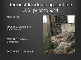 Terrorist Incidents against the
U.S. prior to 9/11
1993 WTC
1995 U.S. Barracks in
Saudi Arabia
1998 U.S. Embassy
Bombings
2000 U.S.S. Cole Attack
 
