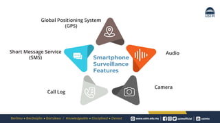 Global Positioning System
(GPS)
Short Message Service
(SMS)
Audio
Camera
Call Log
Smartphone
Surveillance
Features
 