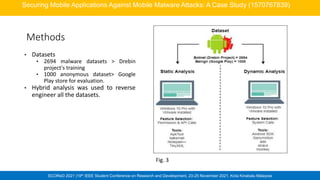 SCOReD 2021 |19th IEEE Student Conference on Research and Development, 23-25 November 2021, Kota Kinabalu Malaysia
Methods
• Datasets
• 2694 malware datasets > Drebin
project's training
• 1000 anonymous dataset> Google
Play store for evaluation.
• Hybrid analysis was used to reverse
engineer all the datasets.
Securing Mobile Applications Against Mobile Malware Attacks: A Case Study (1570767839)
Fig. 3
 