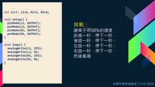卓爾榮譽學會創客工作坊 2018
int L1=7, L2=6, R1=5, R2=4;
void setup() {
pinMode(L1, OUTPUT);
pinMode(L2, OUTPUT);
pinMode(R1, OUTPUT);
pinMode(R2, OUTPUT);
}
void loop() {
analogWrite(L1, 255);
analogWrite(L2, 0);
analogWrite(R1, 255);
analogWrite(R2, 0);
}
挑戰：
讓車子用50%的速度
前進一秒，停下一秒，
後退一秒，停下一秒，
左旋一秒，停下一秒，
右旋一秒，停下一秒，
然後重複
 