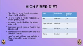 HIGH FIBER DIET
• Diet high in non-digestible part of
plants, which is fiber.
• Fiber is found in fruits, vegetables,
whole grains, and
• legumes. Insoluble fiber increases
stool bulk,
• decrease transit time of food in the
bowel, and
• decreases constipation and the risk
of colon cancer.
• Here's a look at how much dietary
fiber is found in some common
foods
Fruits Serving size Total fiber
(grams)
Pear 1 medium 5.5
Apple with skin 1 medium 4.5
Banana 1 medium 3.0
Orange 1 medium 3.0
 
