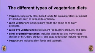 The different types of vegetarian diets
• Vegan: Includes only plant-based foods. No animal proteins or animal
by-products such as eggs, milk, or honey.
• Lacto-vegetarian: Includes plant foods plus some or all dairy
products.
• Lacto-ovo vegetarian: Includes plant foods, dairy products, and eggs.
• Semi- or partial vegetarian: Includes plant foods and may include
chicken or fish, dairy products, and eggs. It does not include red meat.
• Pescatarian: Includes plant foods and seafoods.
 