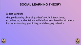 SOCIAL LEARNING THEORY
Albert Bandura
•People learn by observing other’s social interactions,
experiences, and outside media influences. Provides structure
for understanding, predicting, and changing behavior.
 