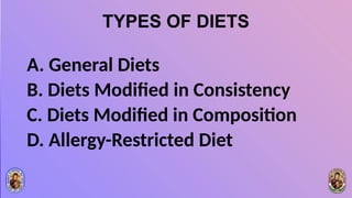 TYPES OF DIETS
A. General Diets
B. Diets Modified in Consistency
C. Diets Modified in Composition
D. Allergy-Restricted Diet
 
