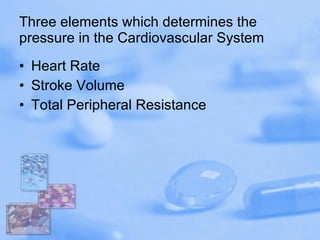 Three elements which determines the pressure in the Cardiovascular System Heart Rate Stroke Volume Total Peripheral Resistance 