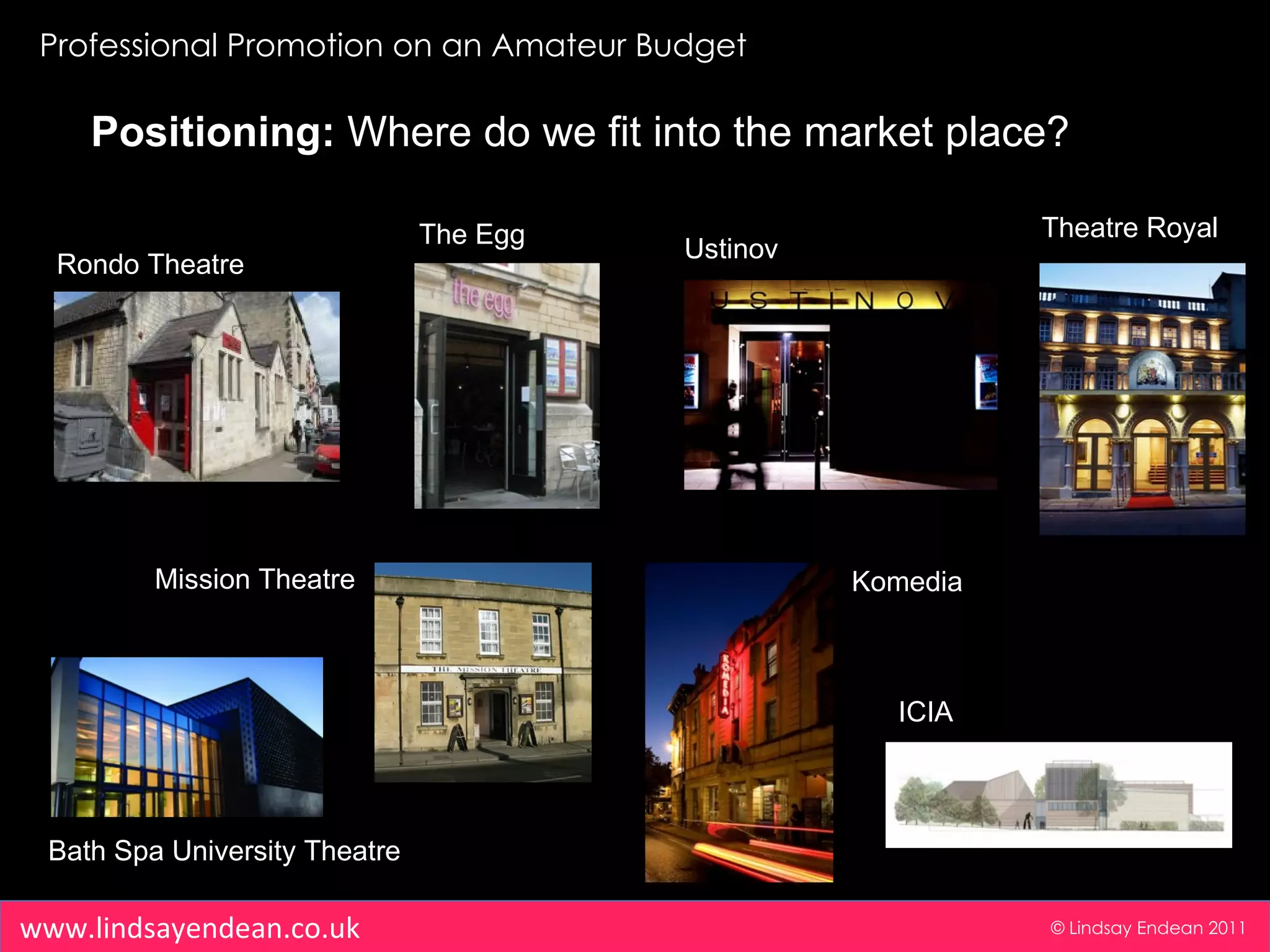 Professional Promotion on an Amateur Budget © Lindsay Endean 2011 www.lindsayendean.co.uk Positioning:  Where do we fit into the market place? Rondo Theatre Mission Theatre Theatre Royal Komedia Bath Spa University Theatre ICIA Ustinov The Egg 