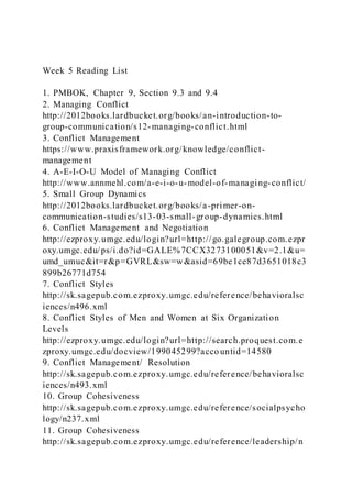 Week 5 Reading List
1. PMBOK, Chapter 9, Section 9.3 and 9.4
2. Managing Conflict
http://2012books.lardbucket.org/books/an-introduction-to-
group-communication/s12-managing-conflict.html
3. Conflict Management
https://www.praxisframework.org/knowledge/conflict-
management
4. A-E-I-O-U Model of Managing Conflict
http://www.annmehl.com/a-e-i-o-u-model-of-managing-conflict/
5. Small Group Dynamics
http://2012books.lardbucket.org/books/a-primer-on-
communication-studies/s13-03-small-group-dynamics.html
6. Conflict Management and Negotiation
http://ezproxy.umgc.edu/login?url=http://go.galegroup.com.ezpr
oxy.umgc.edu/ps/i.do?id=GALE%7CCX3273100051&v=2.1&u=
umd_umuc&it=r&p=GVRL&sw=w&asid=69be1ce87d3651018c3
899b26771d754
7. Conflict Styles
http://sk.sagepub.com.ezproxy.umgc.edu/reference/behavioralsc
iences/n496.xml
8. Conflict Styles of Men and Women at Six Organization
Levels
http://ezproxy.umgc.edu/login?url=http://search.proquest.com.e
zproxy.umgc.edu/docview/199045299?acco untid=14580
9. Conflict Management/ Resolution
http://sk.sagepub.com.ezproxy.umgc.edu/reference/behavioralsc
iences/n493.xml
10. Group Cohesiveness
http://sk.sagepub.com.ezproxy.umgc.edu/reference/socialpsycho
logy/n237.xml
11. Group Cohesiveness
http://sk.sagepub.com.ezproxy.umgc.edu/reference/leadership/n
 