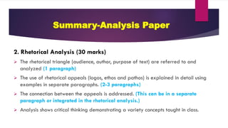 Summary-Analysis Paper
2. Rhetorical Analysis (30 marks)
 The rhetorical triangle (audience, author, purpose of text) are referred to and
analyzed (1 paragraph)
 The use of rhetorical appeals (logos, ethos and pathos) is explained in detail using
examples in separate paragraphs. (2-3 paragraphs)
 The connection between the appeals is addressed. (This can be in a separate
paragraph or integrated in the rhetorical analysis.)
 Analysis shows critical thinking demonstrating a variety concepts taught in class.
 