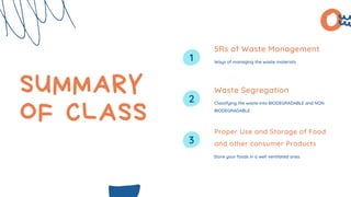 SUMMARY
OF CLASS
5Rs of Waste Management
Ways of managing the waste materials
1
Waste Segregation
Classifying the waste into BIODEGRADABLE and NON
BIODEGRADABLE
2
Proper Use and Storage of Food
and other consumer Products
Store your foods in a well ventilated area.
3
 