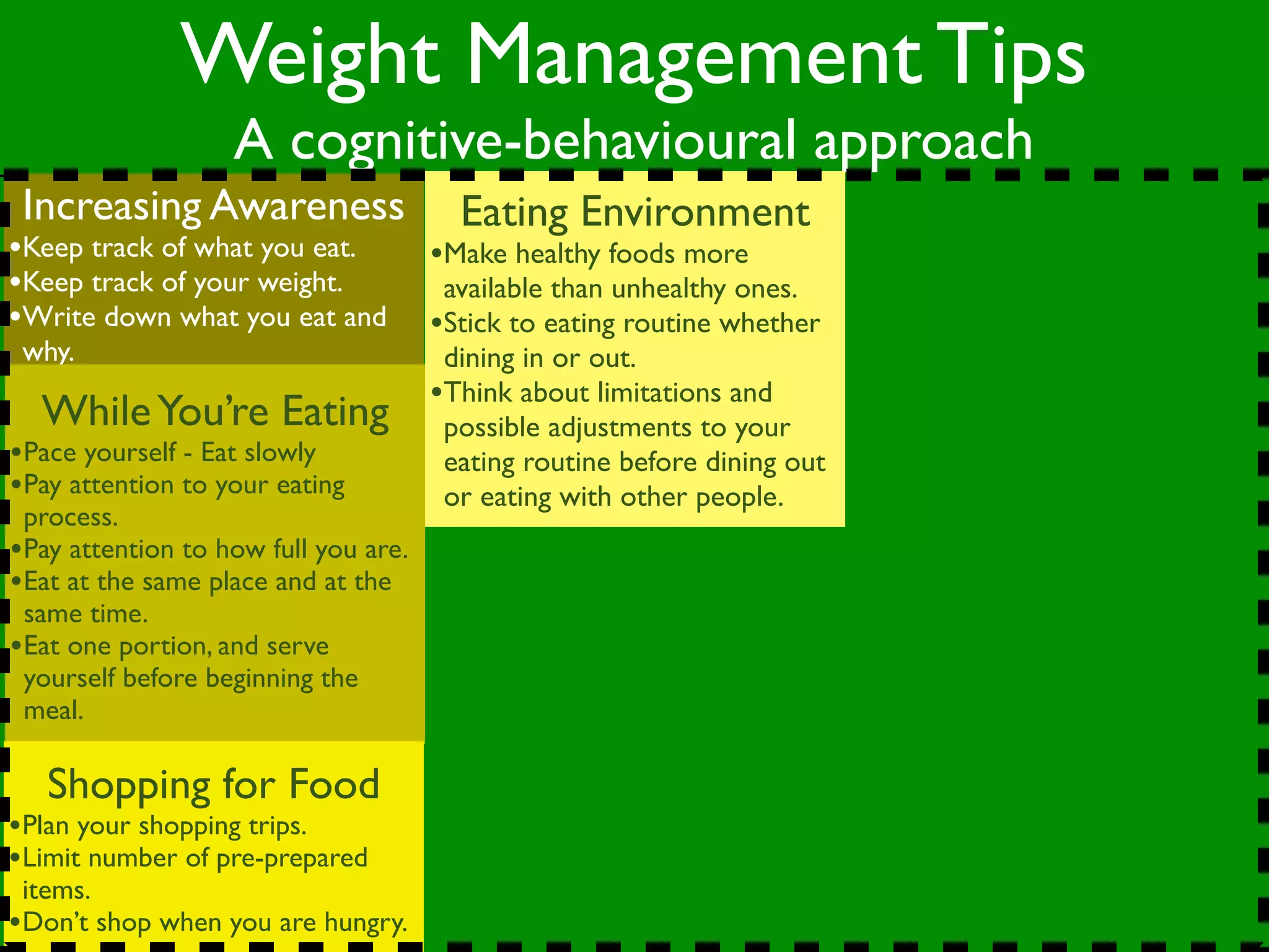 Weight Management Tips
                   A cognitive-behavioural approach
 Increasing Awareness                   Eating Environment
•Keep track of what you eat.          •Make healthy foods more
•Keep track of your weight.            available than unhealthy ones.
•Write down what you eat and          •Stick to eating routine whether
 why.                                  dining in or out.
                                      •Think about limitations and
  While You’re Eating                  possible adjustments to your
•Pace yourself - Eat slowly            eating routine before dining out
•Pay attention to your eating          or eating with other people.
 process.
•Pay attention to how full you are.
•Eat at the same place and at the
 same time.
•Eat one portion, and serve
 yourself before beginning the
 meal.

   Shopping for Food
•Plan your shopping trips.
•Limit number of pre-prepared
 items.
•Don’t shop when you are hungry.
 