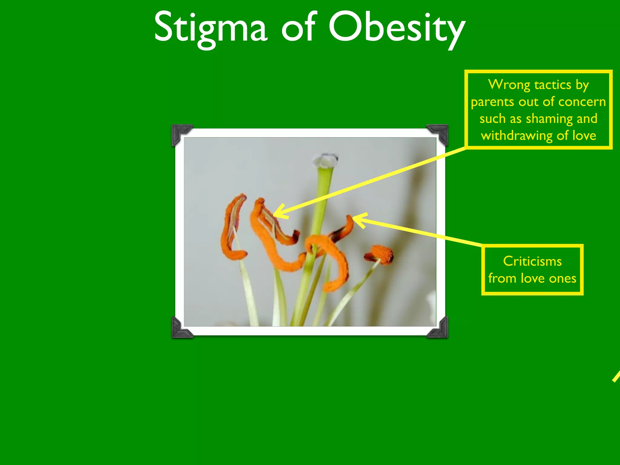 Stigma of Obesity
                       Wrong tactics by
                    parents out of concern
                     such as shaming and
                     withdrawing of love




                         Criticisms
                      from love ones
 
