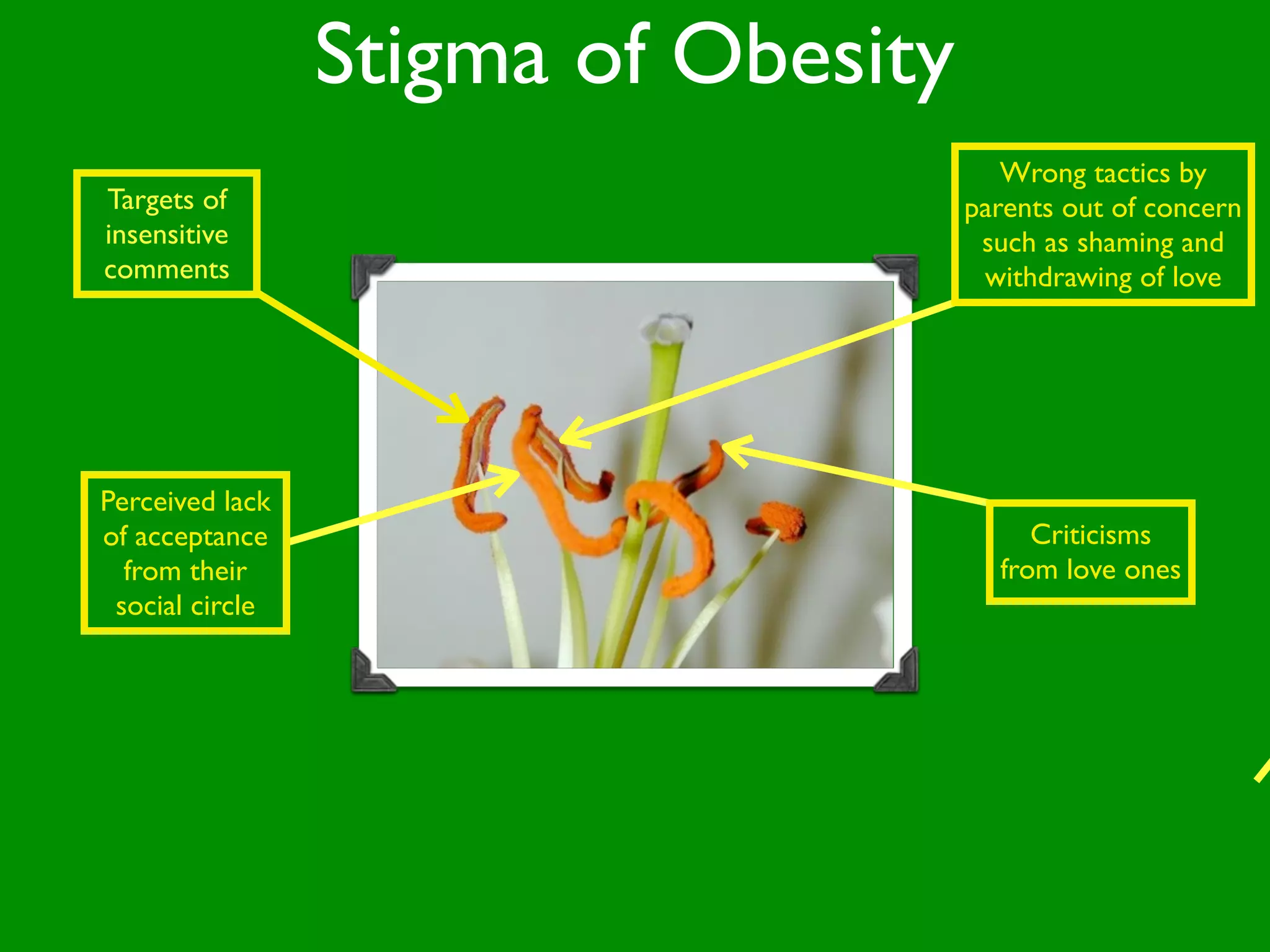 Stigma of Obesity
                                        Wrong tactics by
Targets of                           parents out of concern
insensitive                           such as shaming and
comments                              withdrawing of love




Perceived lack
of acceptance                             Criticisms
  from their                           from love ones
 social circle
 