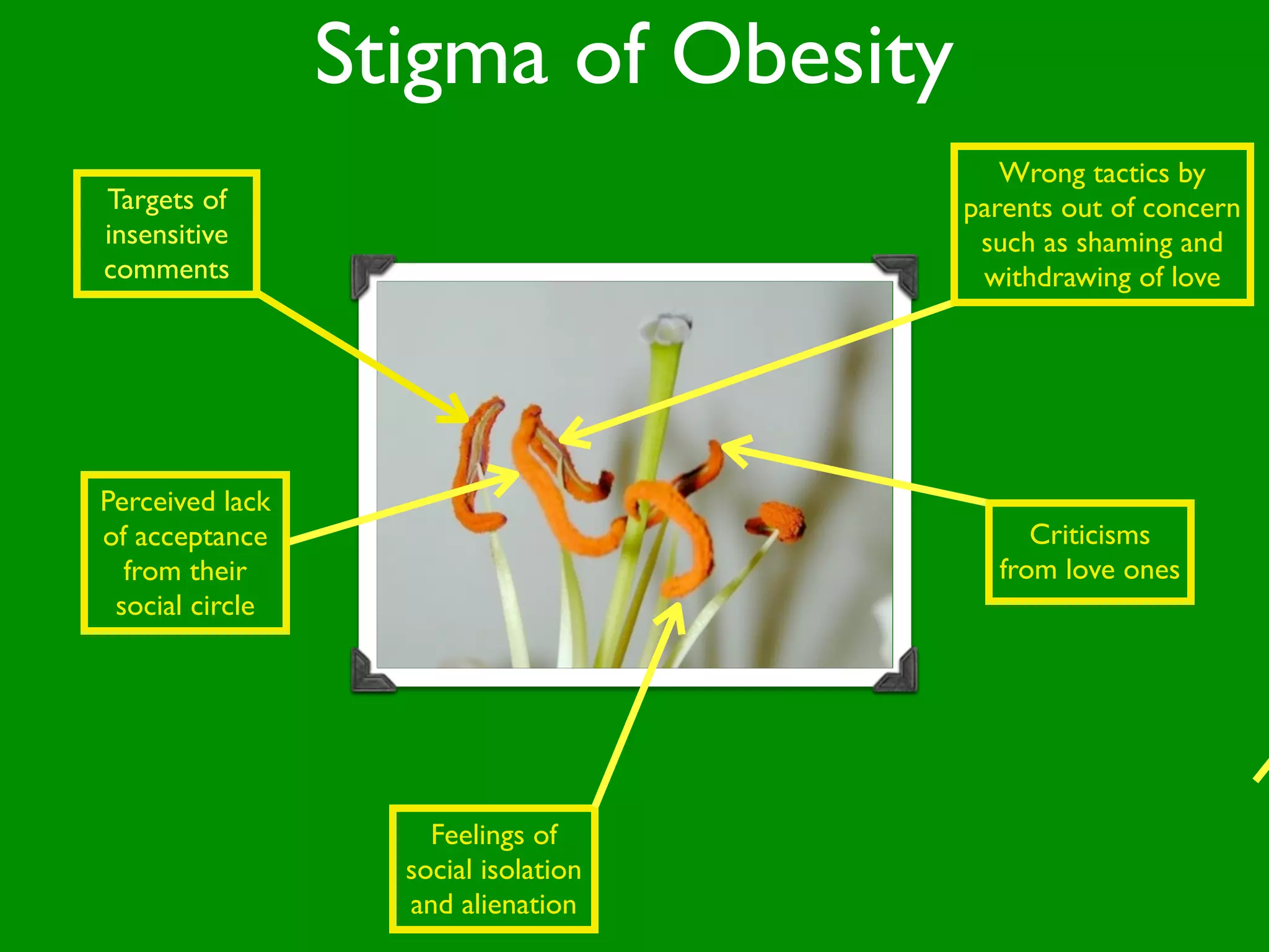 Stigma of Obesity
                                         Wrong tactics by
Targets of                            parents out of concern
insensitive                            such as shaming and
comments                               withdrawing of love




Perceived lack
of acceptance                              Criticisms
  from their                            from love ones
 social circle




                     Feelings of
                   social isolation
                   and alienation
 